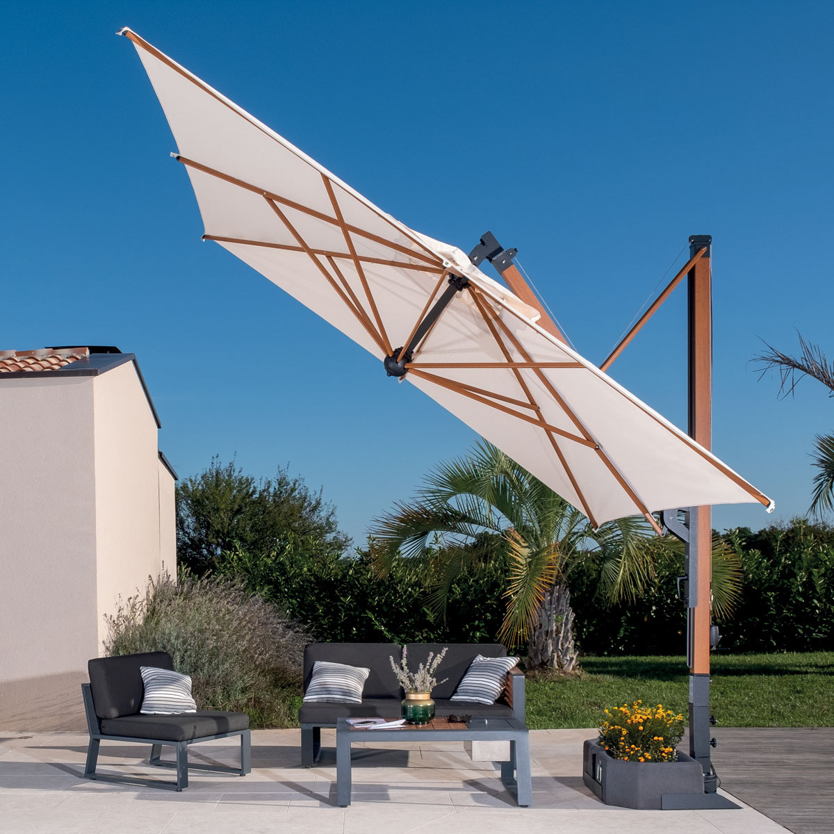 Slunečník SCOLARO Galileo Wood 3 x 3 m světle šedá T8N bez volánu