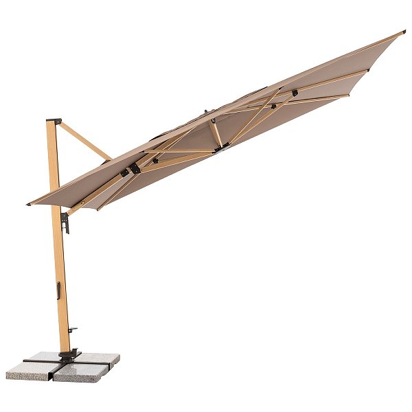 Velký zahradní slunečník s boční tyčí Doppler Alu Wood XL 4x3m výkyvný, greige naklopený